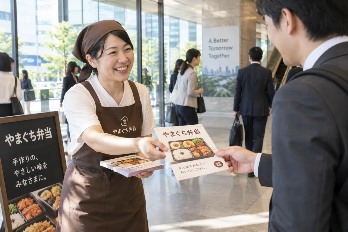 弁当屋のチラシを渡す光景